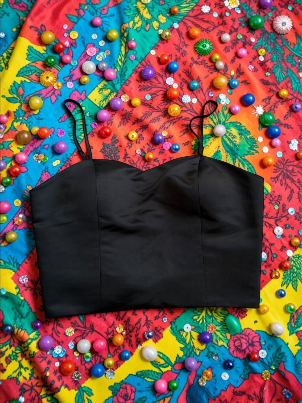 GRACIA Black Satin Crop Tank Top Size Large